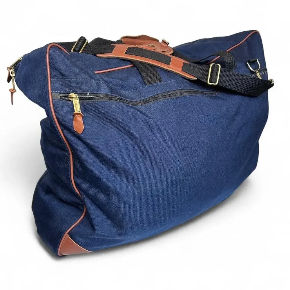 L.L. Bean 90s Vintage Duffle Travel Bag Shoft Shell Suitcase Blue Nylon Leather